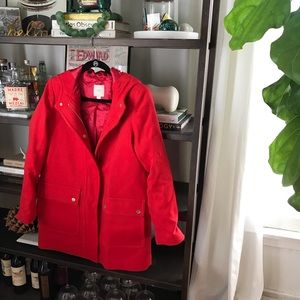 J Crew woman’s pea coat, red, size 4